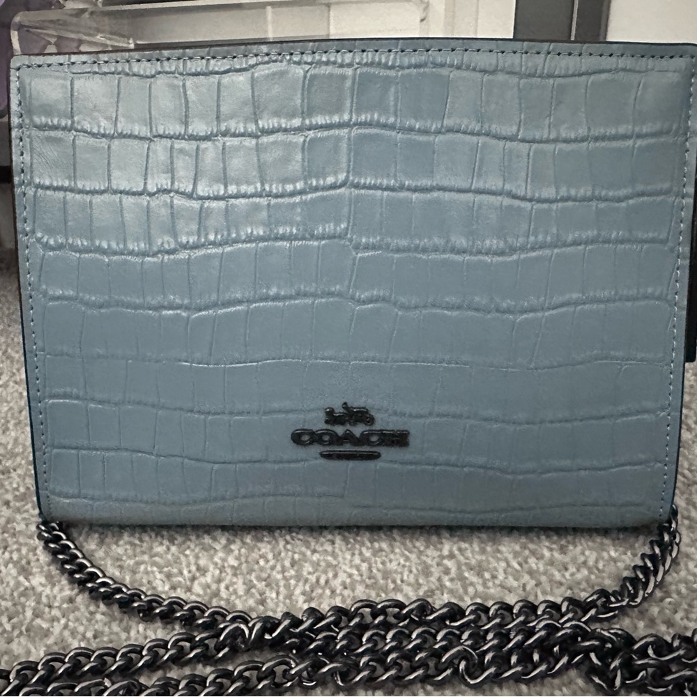 Coach Slim Crossbody in Bluebell novelty leather with Antique black chain strap